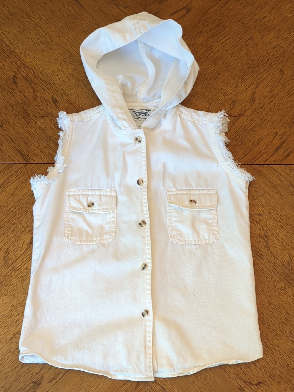 Kids Sleeveless White Hooded Frayed Cutoff Sleeve Button Up